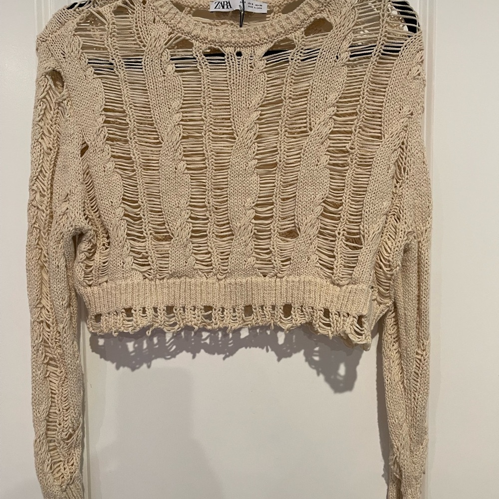 ZARA Cream Open-Knit Cropped Sweater